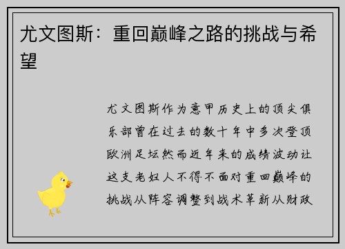 尤文图斯：重回巅峰之路的挑战与希望